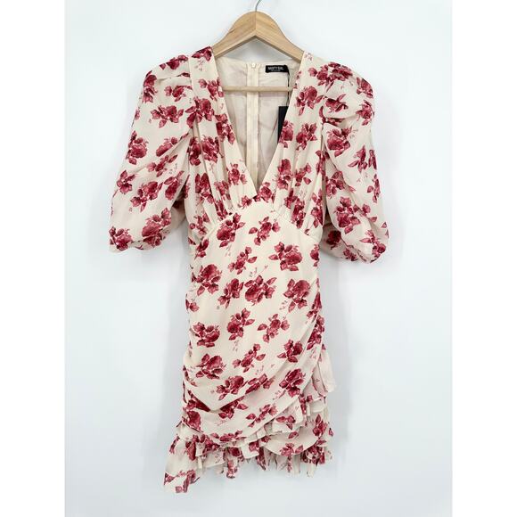 Nasty Gal Floral Puff Sleeve Wrap Mini Dress V-Neck Ruched Ruffle, Pastel Pink - Picture 5 of 11